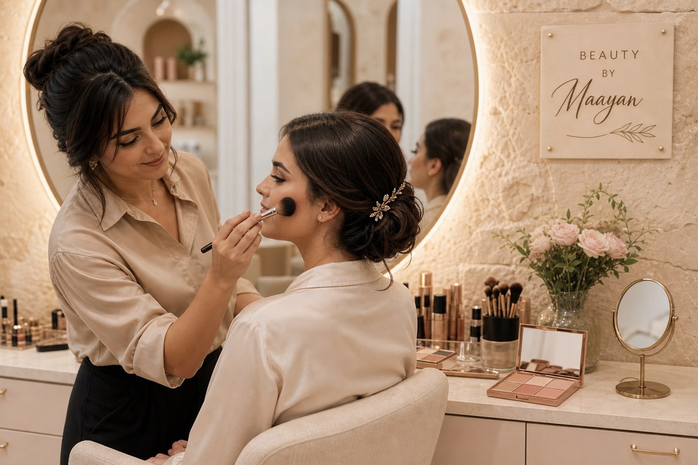 Makeup artistry at vanity mirror in Jerusalem salon